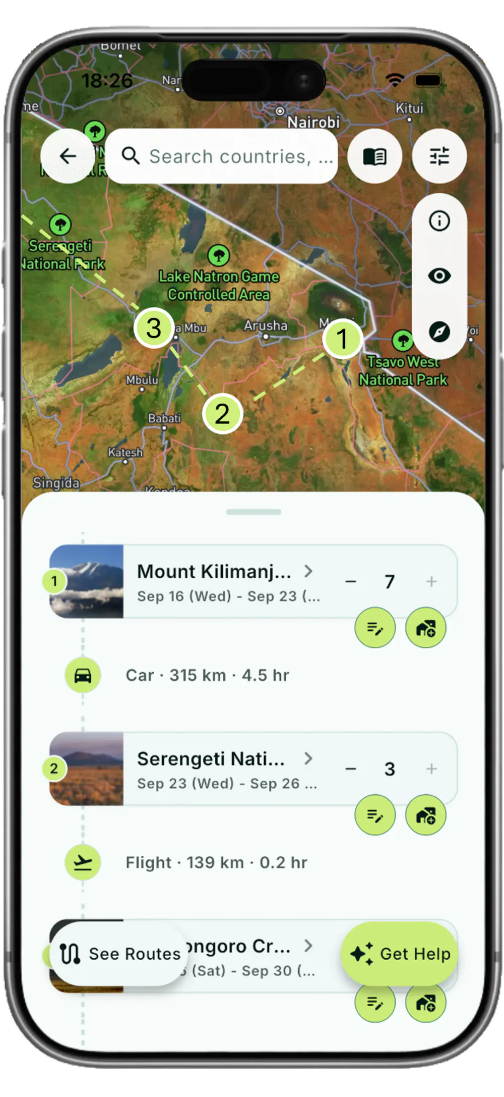 Build a day-by-day route—or start from a published traveler itinerary, then add stops, transport, and friends. · IKARU travel map screen