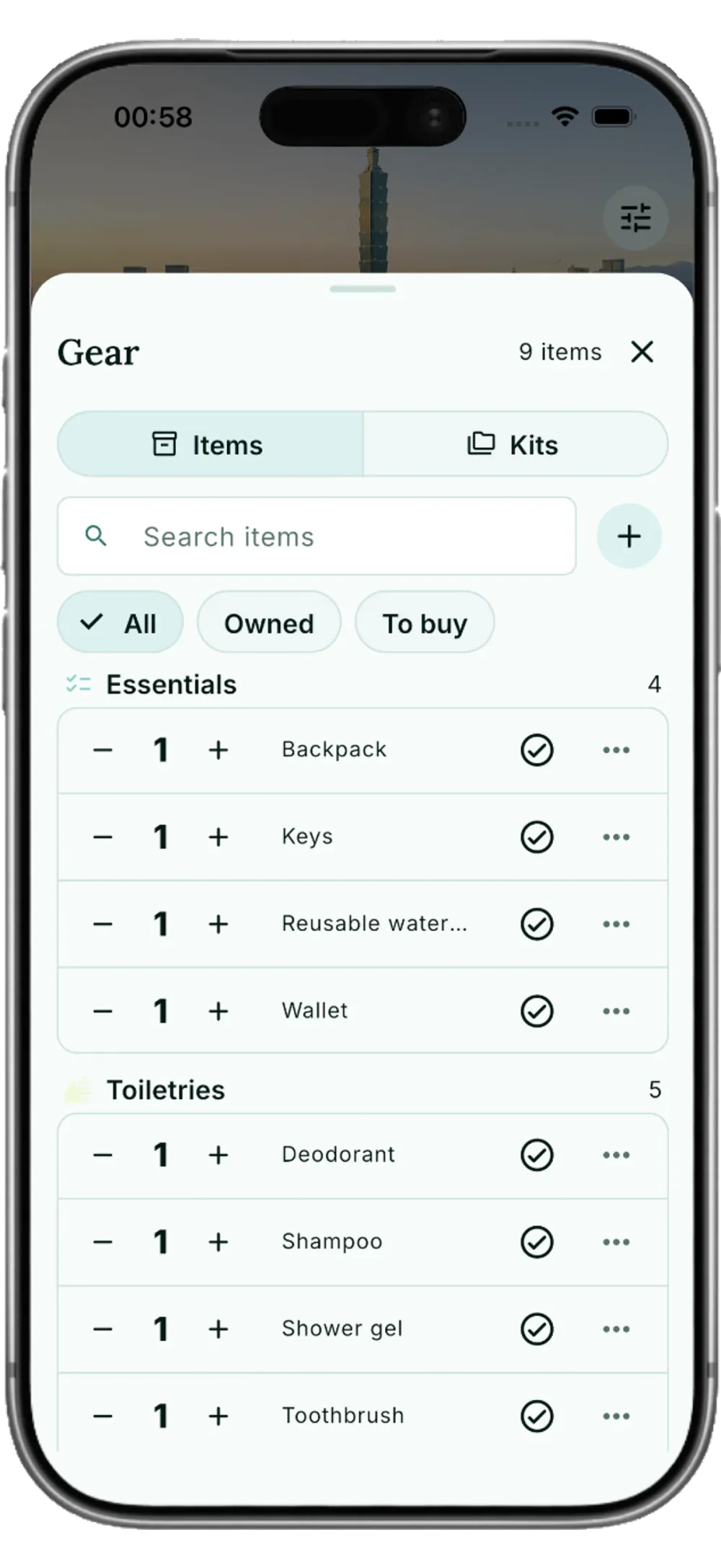 IKARU packing list screen